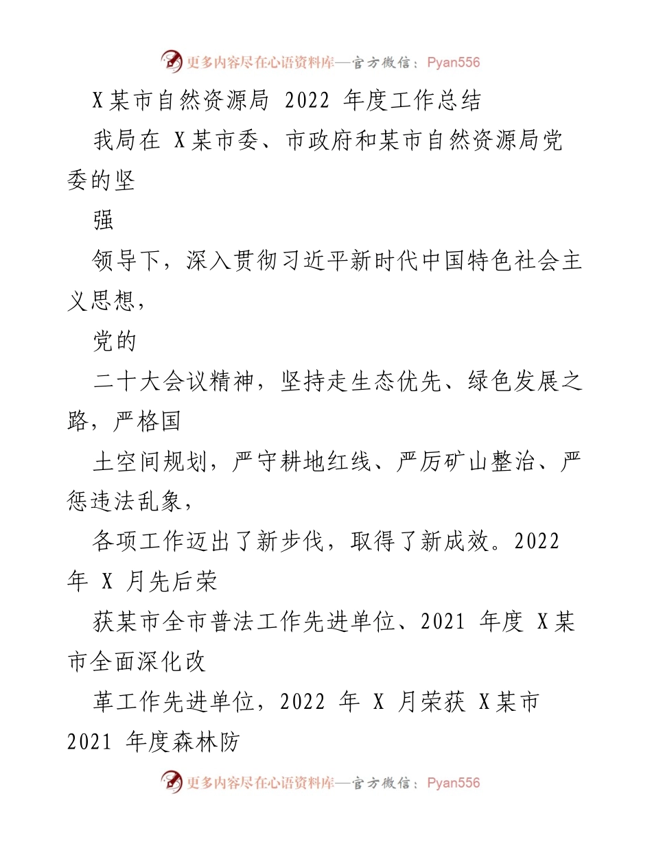 [工作总结] 2022年度 - X某市自然资源局2022年度工作总结与成效分析.docx_第1页