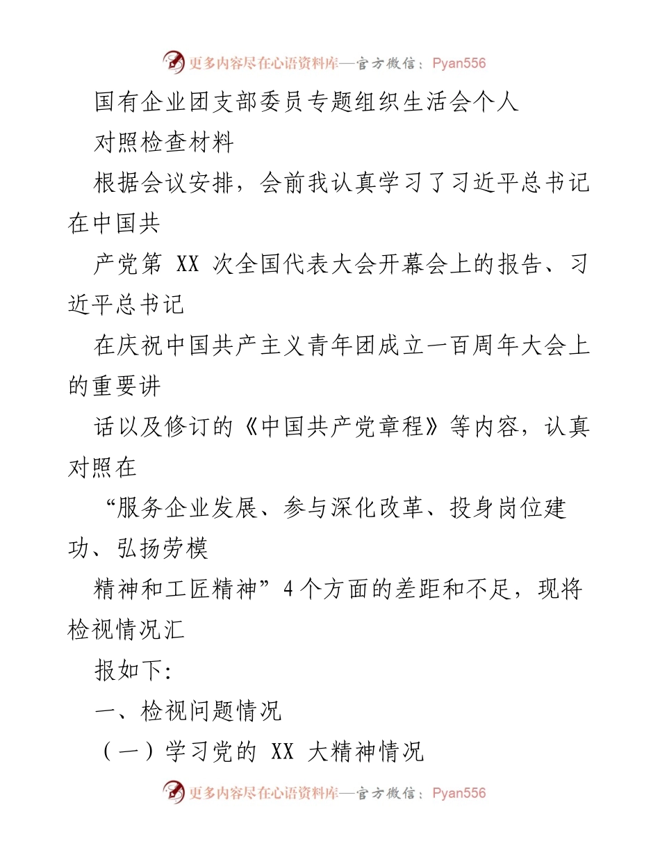 [对照检查材料] 国有企业团支部 - 深入学习党的XX大精神，检视自身不足.docx_第1页