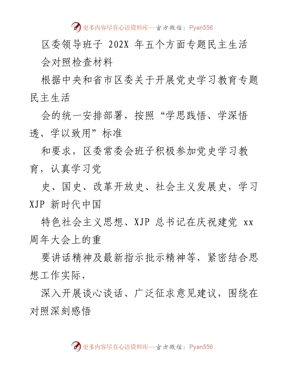[对照检查材料] 区委领导班子 - 202X年专题民主生活会对照检查总结.docx_第1页