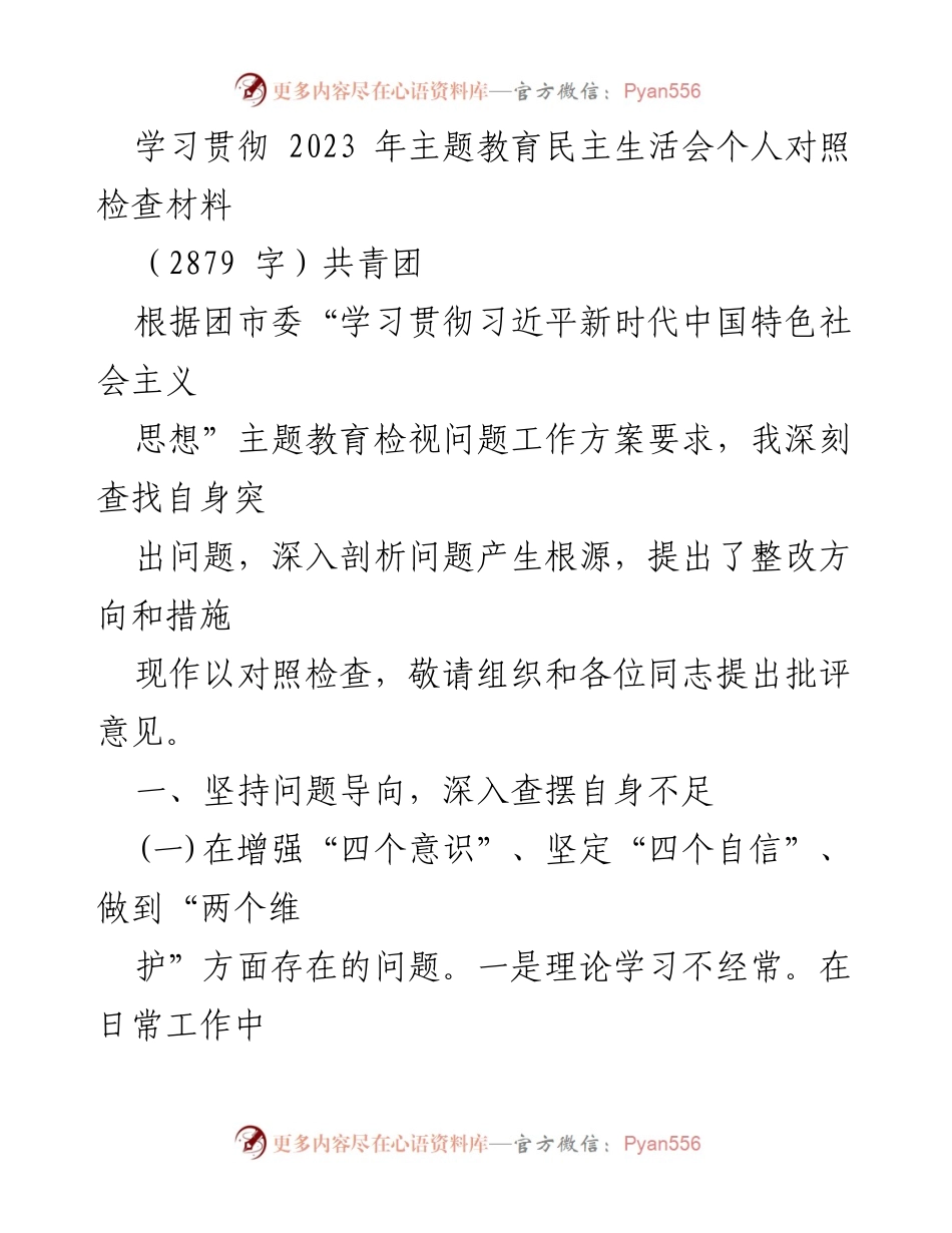[对照检查材料] 共青团主题教育民主生活会 - 深刻反思与整改措施.docx_第1页