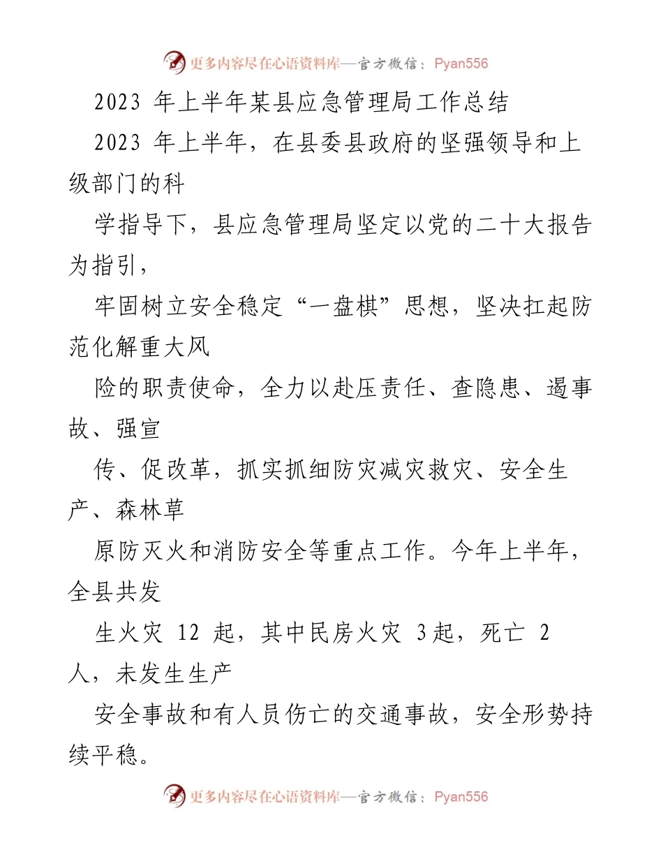 [工作总结] 2023年上半年 - 某县应急管理局安全生产工作总结.docx_第1页