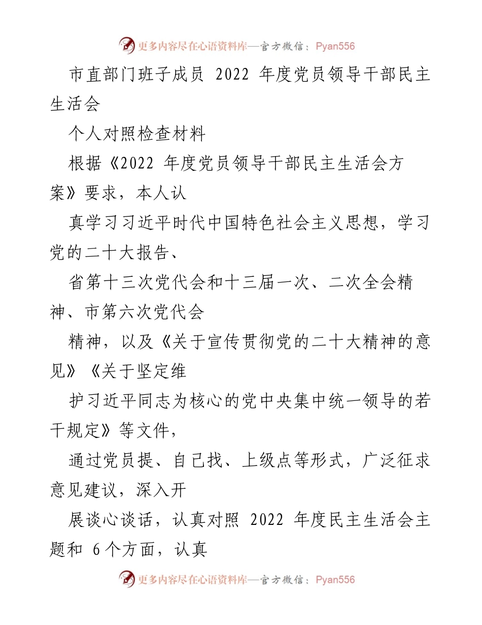 [对照检查材料] 市直部门党员领导干部民主生活会 - 2022年度党员领导干部对照检查与整改报告.docx_第1页