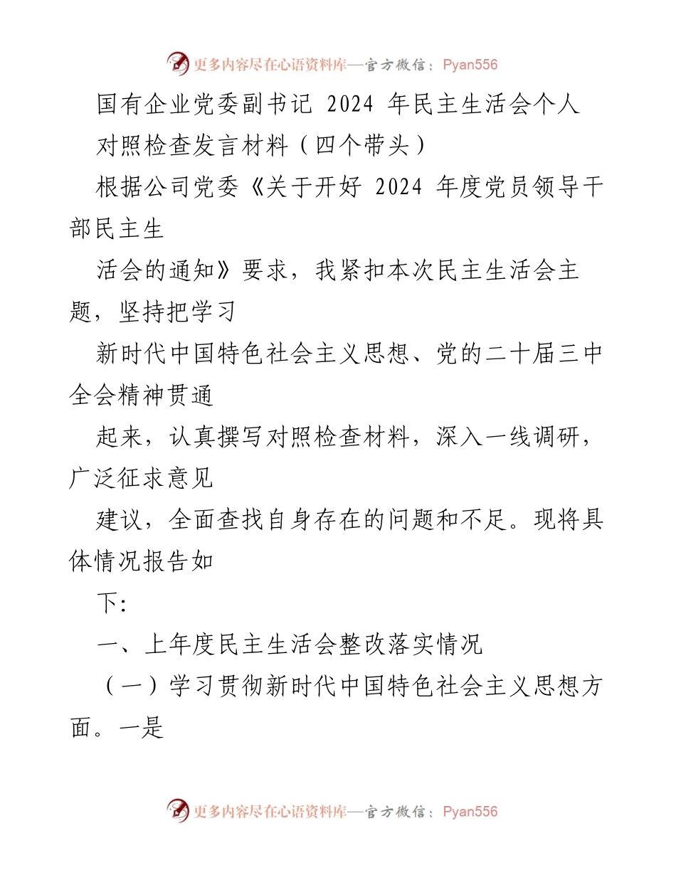 [对照检查发言] 2024年民主生活会 - 2024年度党员领导干部民主生活会个人对照检查发言材料.docx_第1页
