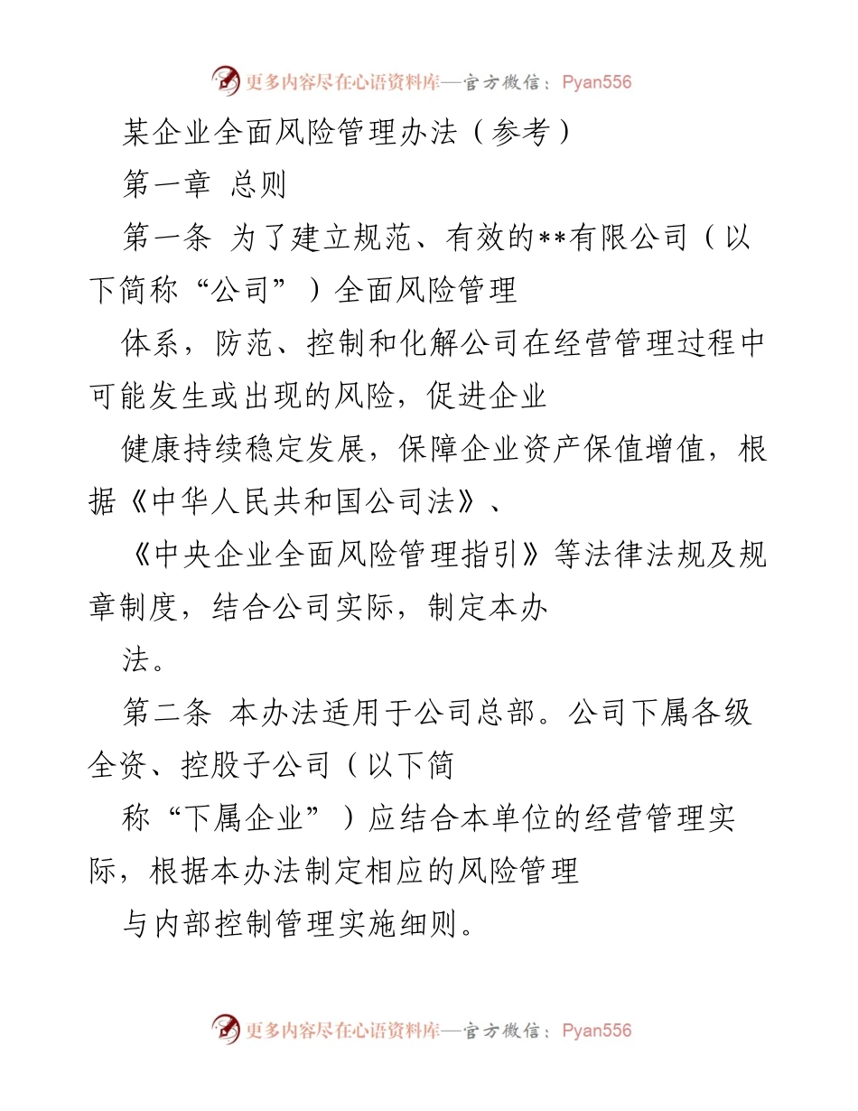 [工作制度] 企业管理 - 全面风险管理办法（参考）.docx_第1页