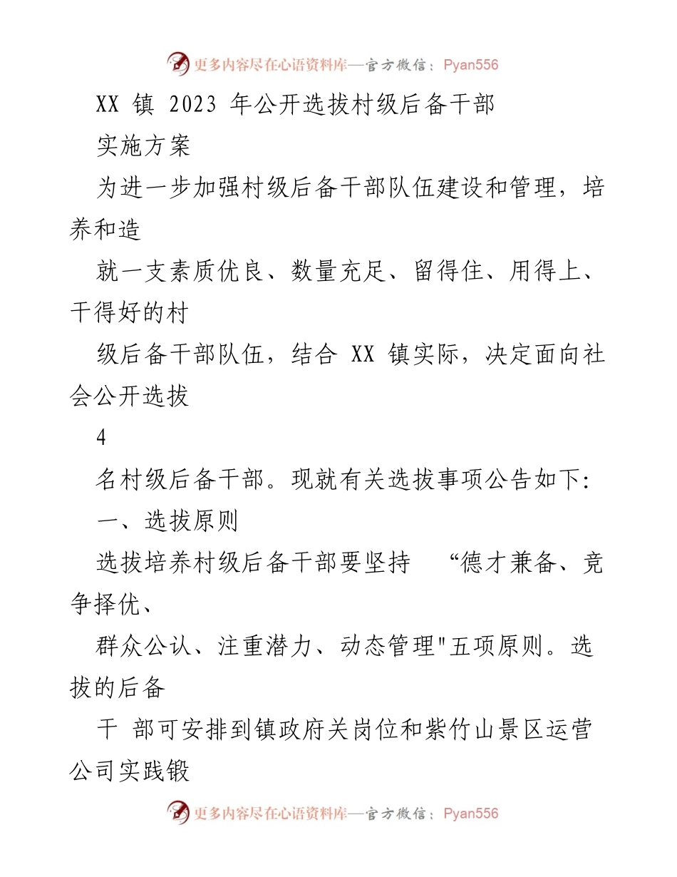 [实施方案] 公开选拔 - XX镇2023年村级后备干部公开选拔实施方案.docx_第1页