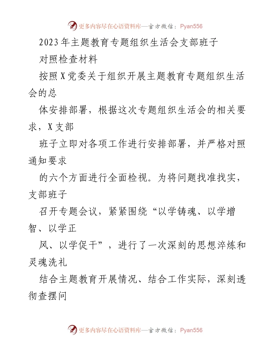 [对照检查材料] 主题教育专题组织生活会 - 支部班子对照检查问题汇报_1.docx_第1页