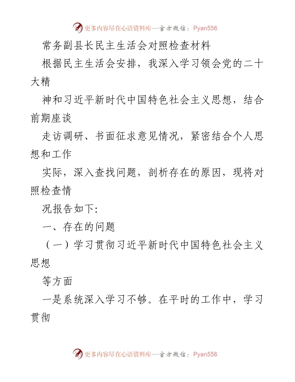 [对照检查材料] 民主生活会 - 常务副县长对照检查问题与改进措施报告.docx_第1页