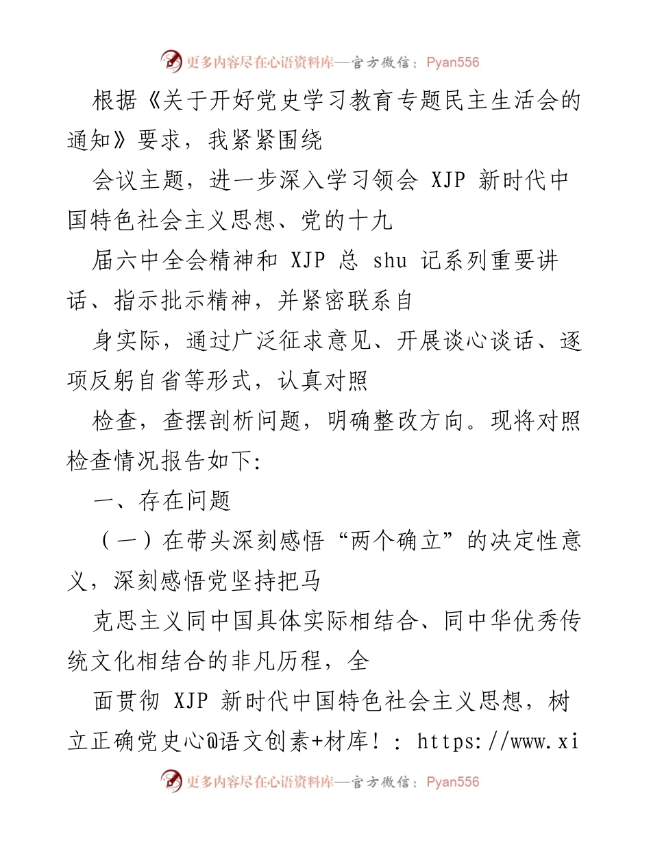 [对照检查报告] 党史学习教育专题民主生活会 - 深入自省与整改方向的对照检查报告.docx_第1页