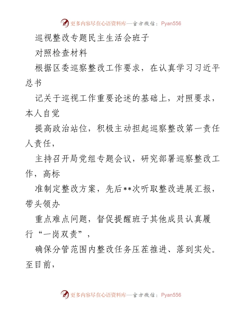 [对照检查材料] 专题民主生活会 - 巡视整改工作对照检查报告.docx_第1页