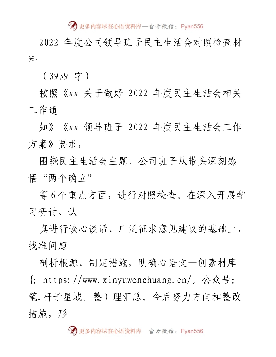 [对照检查材料] 民主生活会 - 2022年度公司领导班子对照检查报告.docx_第1页