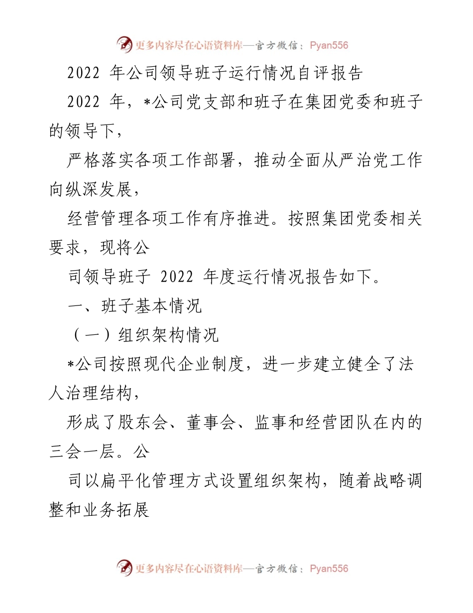 [工作总结] 2022年度 - 公司领导班子运行情况自评报告.docx_第1页