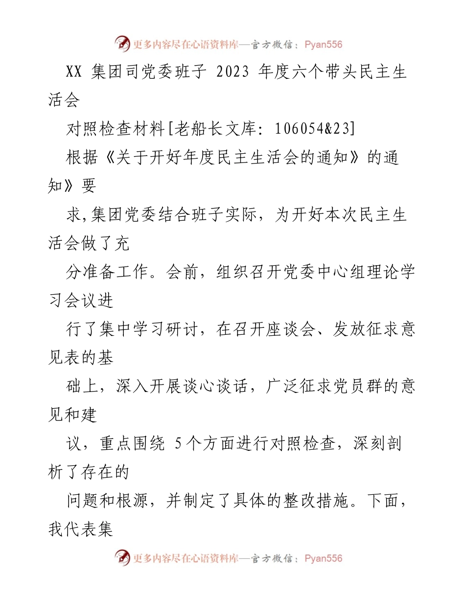 [对照检查材料] 年度民主生活会 - XX集团党委班子2023年度对照检查报告.docx_第1页
