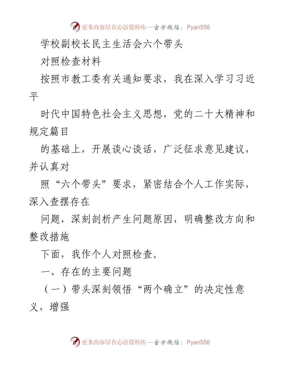 [对照检查材料] 学校副校长民主生活会 - 副校长个人对照检查及整改措施分析.docx_第1页