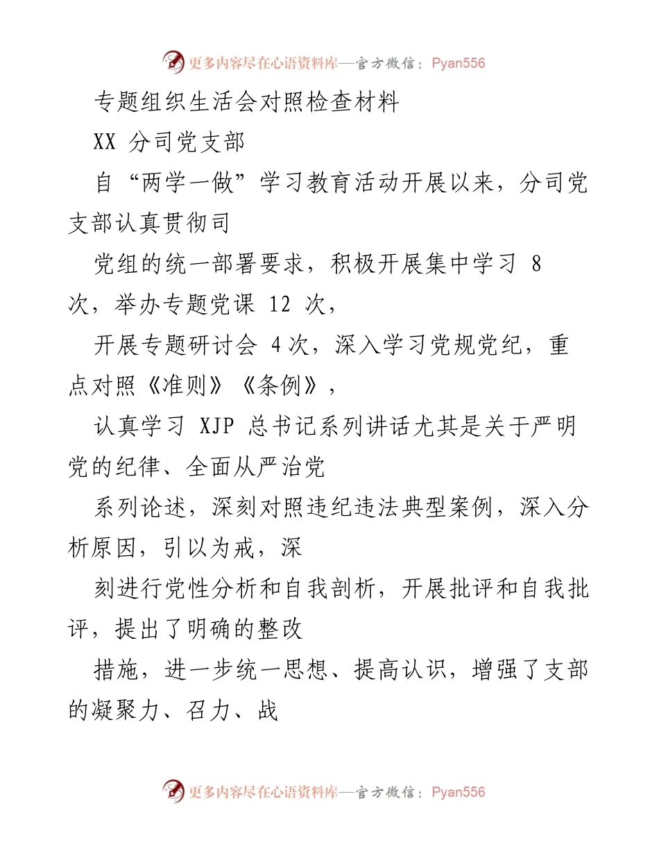 [对照检查材料] 党支部专题组织生活会 - “两学一做”学习教育活动对照检查与整改措施报告.docx_第1页