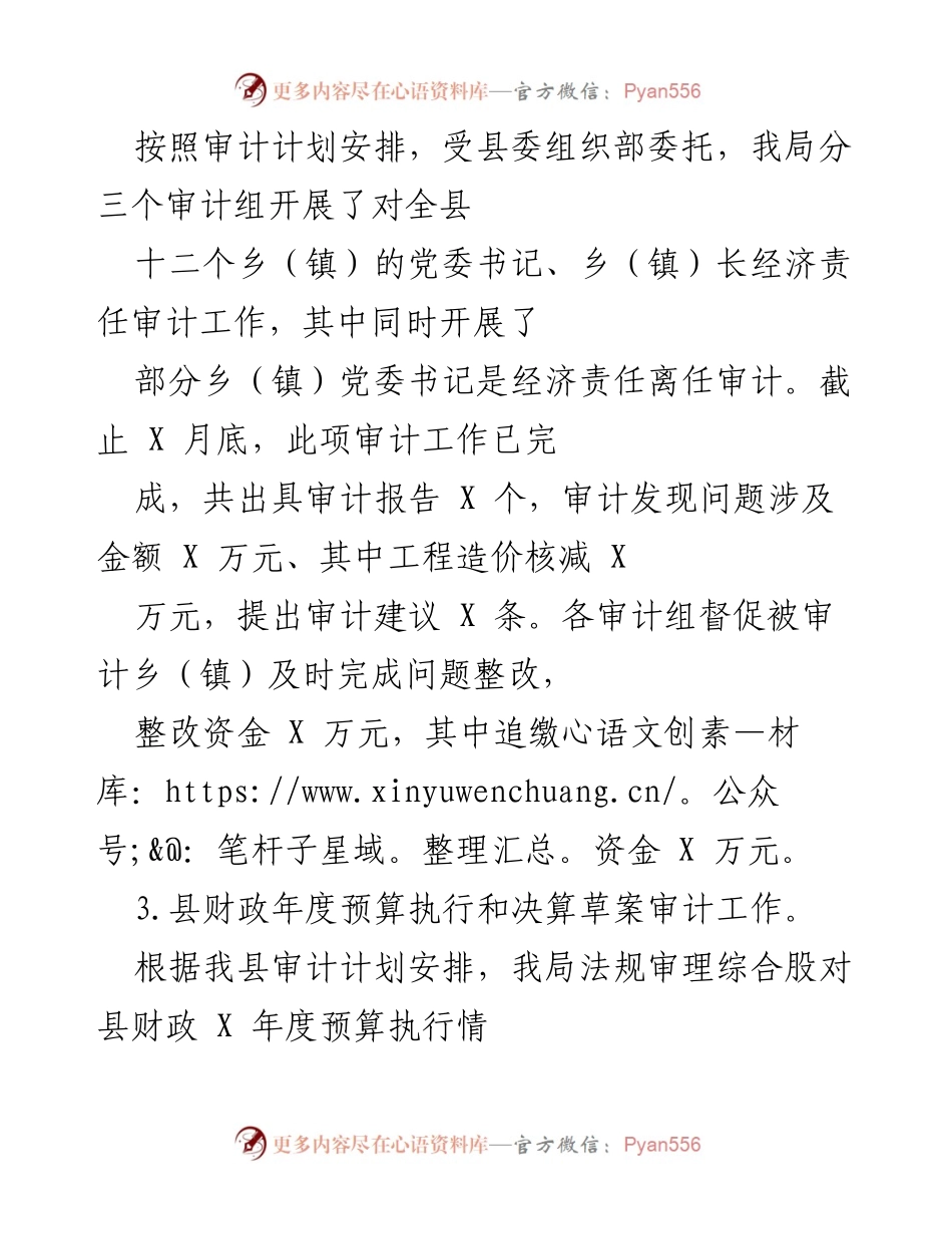 [审计报告] 审计工作总结 - 全县经济责任与财政预算审计工作总结.docx_第1页