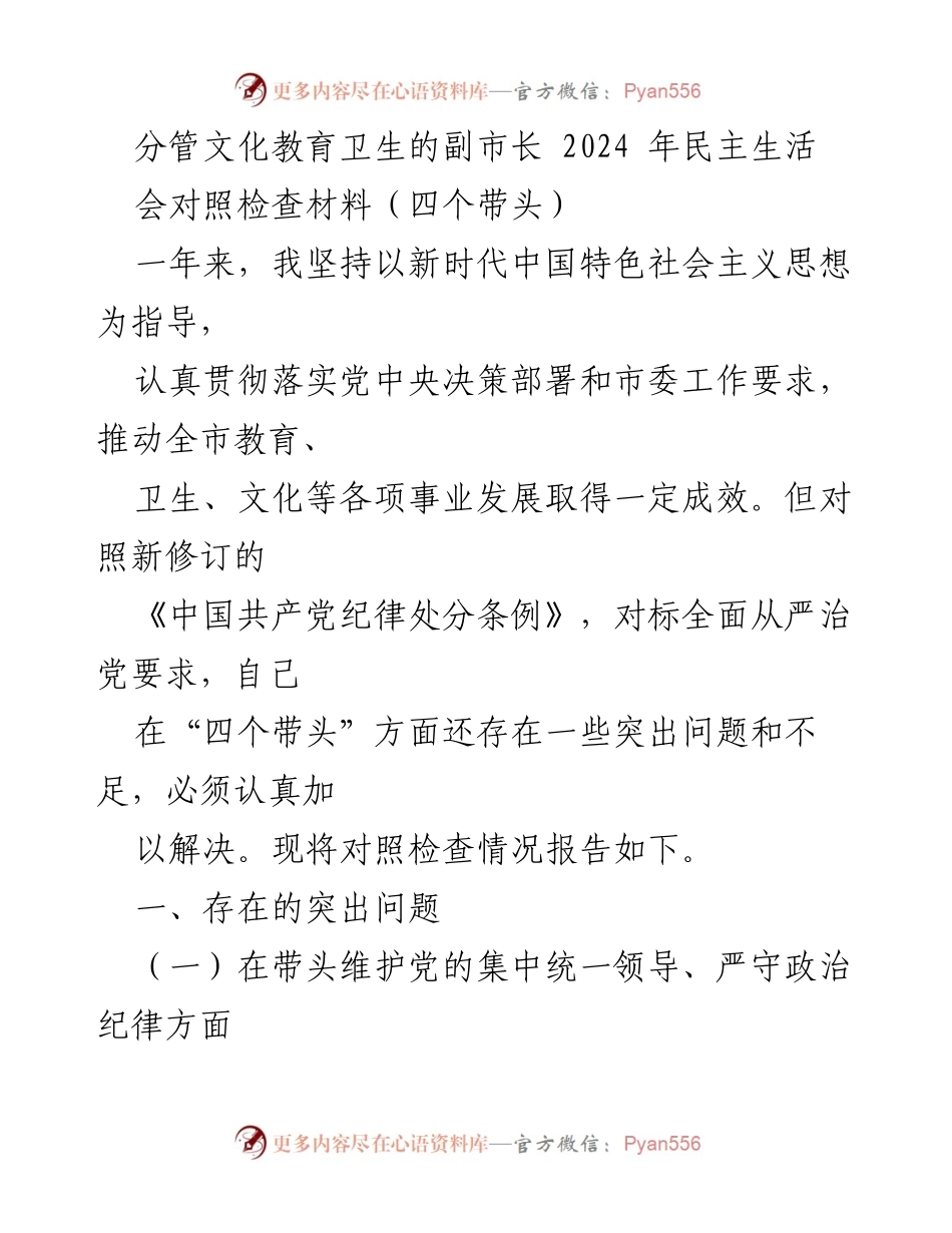 [对照检查材料] 2024年民主生活会 - 分管副市长的“四个带头”自查与反思.docx_第1页
