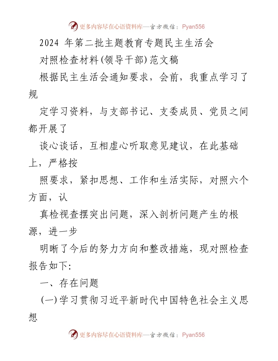 [对照检查材料] 主题教育专题民主生活会 - 领导干部对照检查报告.docx_第1页