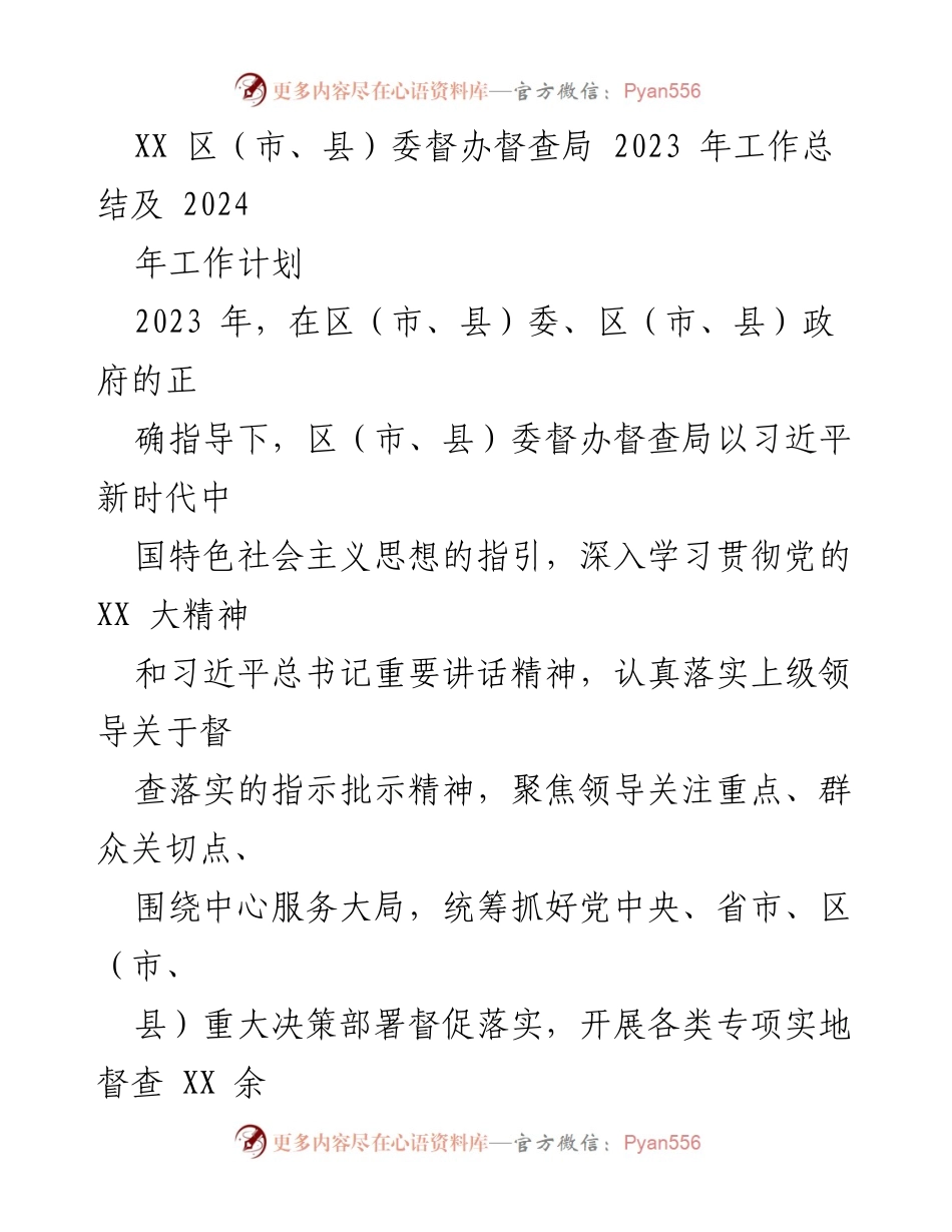 [工作总结] 2023年工作总结及2024年工作计划 - XX区（市、县）委督办督查局2023年工作总结与2024年工作计划.docx_第1页