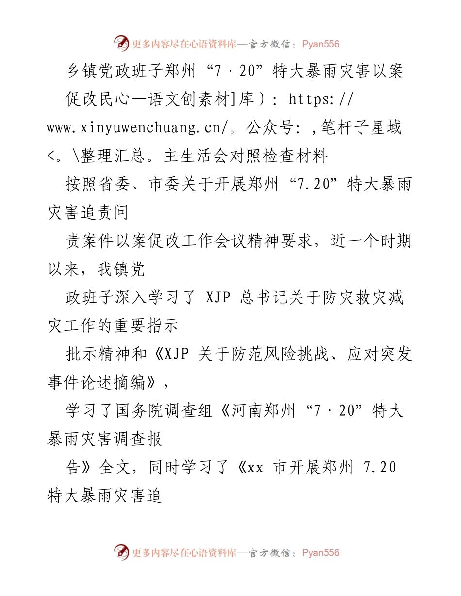 [对照检查材料] 乡镇党政班子 - 深刻剖析郑州“7·20”特大暴雨灾害教训.docx_第1页