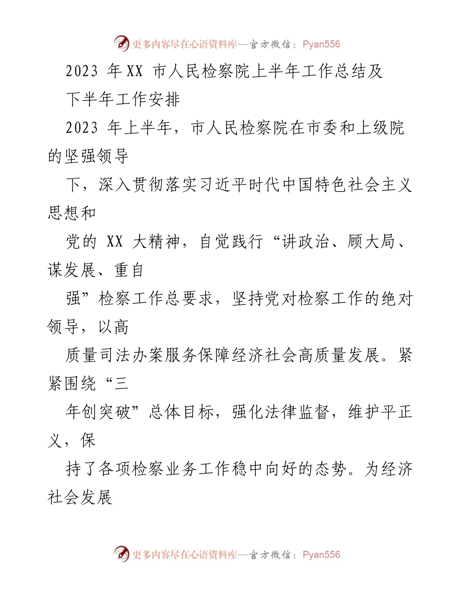 [工作总结] 2023年上半年 - XX市人民检察院上半年工作总结及下半年工作安排.docx_第1页