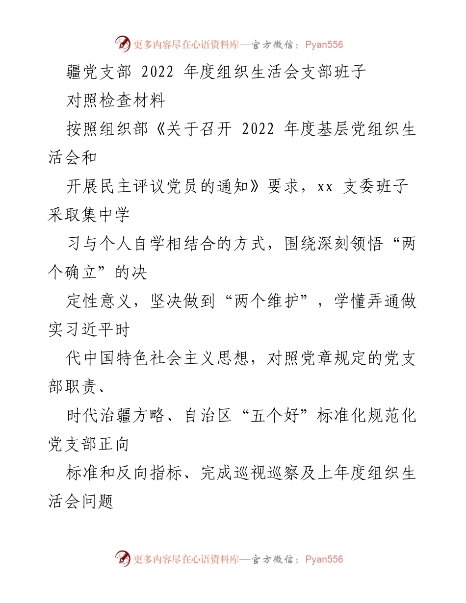 [对照检查材料] 党组织生活会 - 2022年度党支部班子对照检查报告.docx_第1页