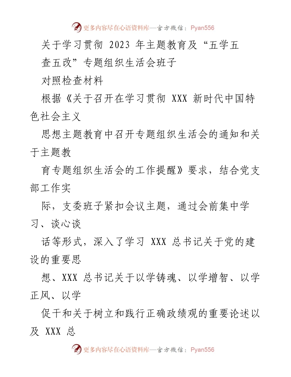 [对照检查材料] 党支部专题组织生活会 - 2023年主题教育对照检查及整改措施总结.docx_第1页