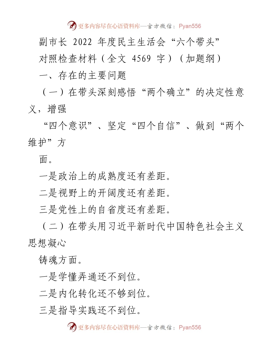 [对照检查材料] 2022年度民主生活会 - 副市长“六个带头”问题分析与整改措施.docx_第1页