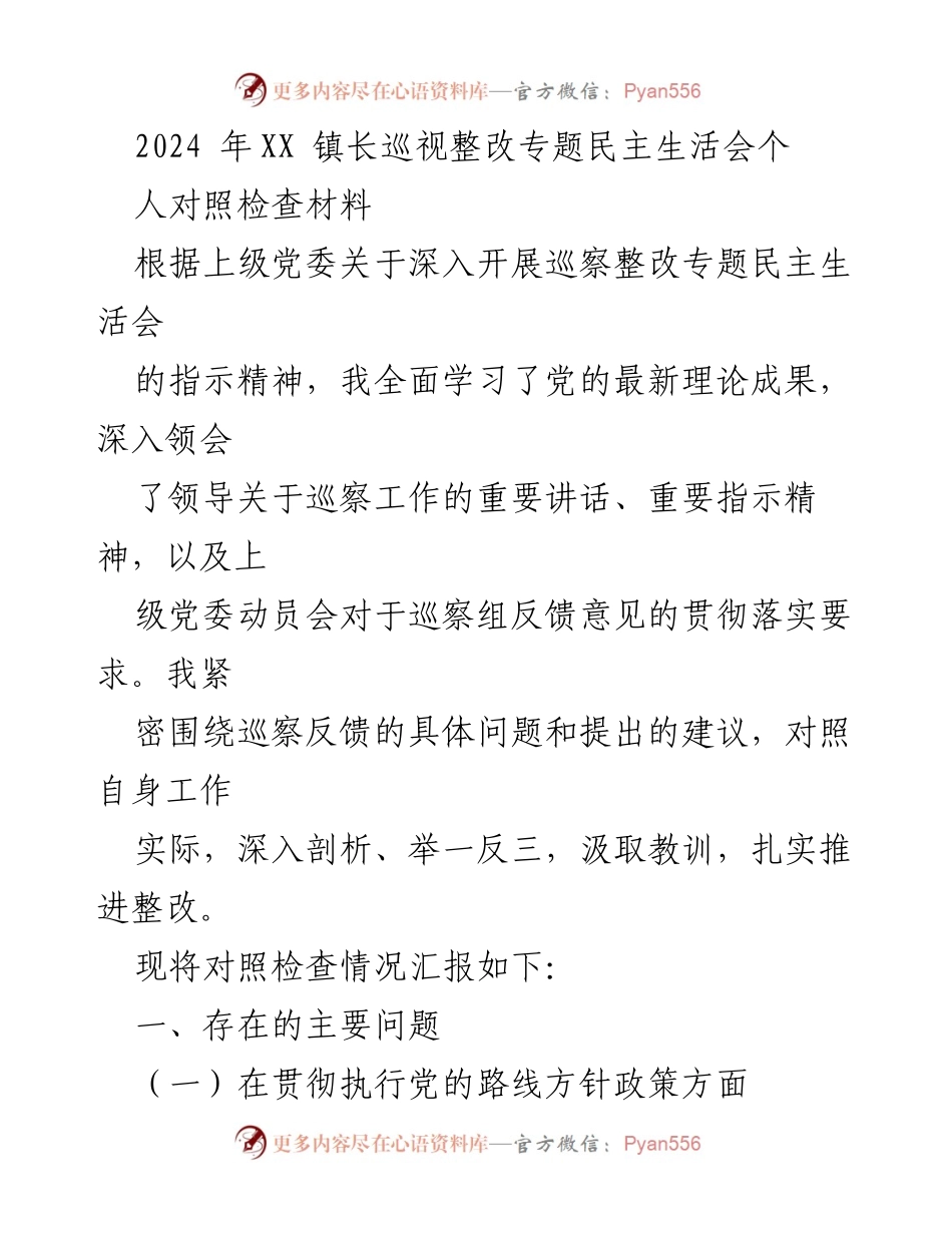 [对照检查材料] 镇长巡视整改专题民主生活会 - 巡察整改中的自我剖析与问题反思.docx_第1页