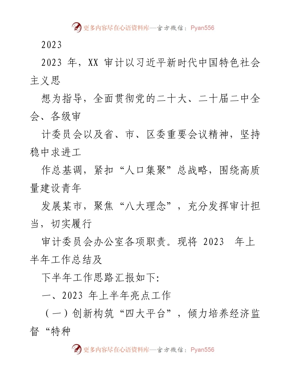 [工作总结] 2023年上半年 - XX区审计局2023年上半年工作总结及下半年工作思路报告.docx_第1页