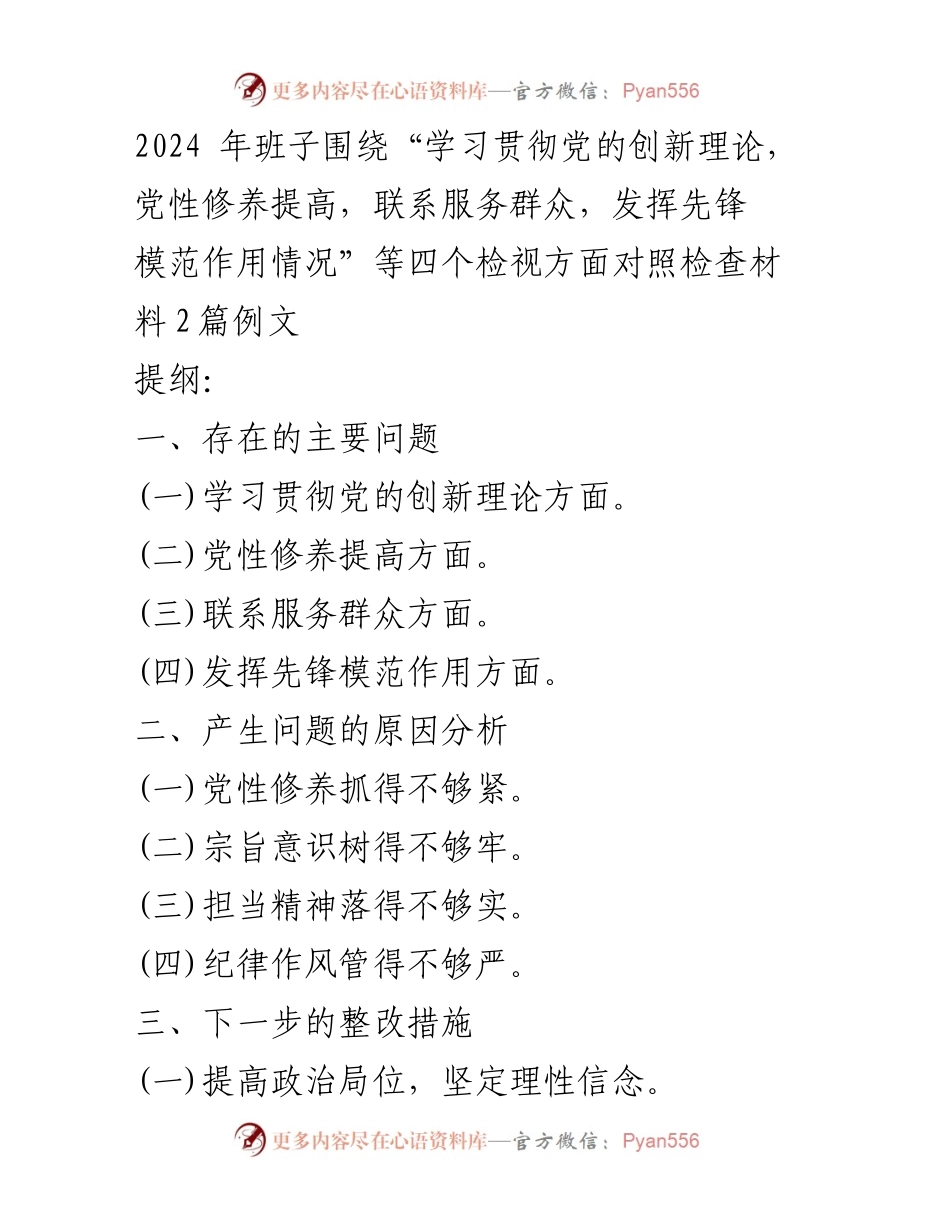 [对照检查] 专题民主生活会 - 2024年班子对照检查材料总结与整改措施.docx_第1页