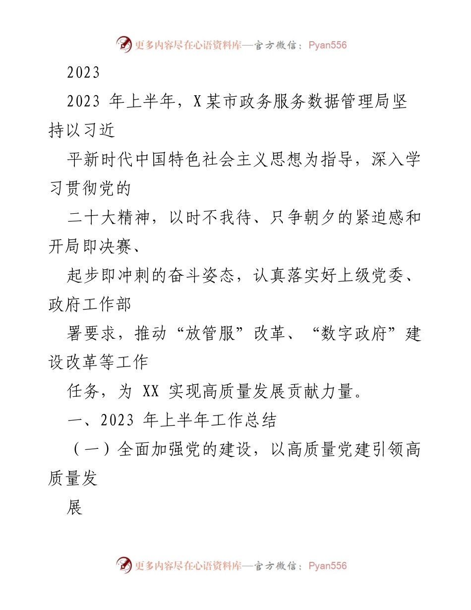 [工作总结] 2023年上半年 - X某市政务服务数据管理局2023年上半年工作总结与党建成效.docx_第1页