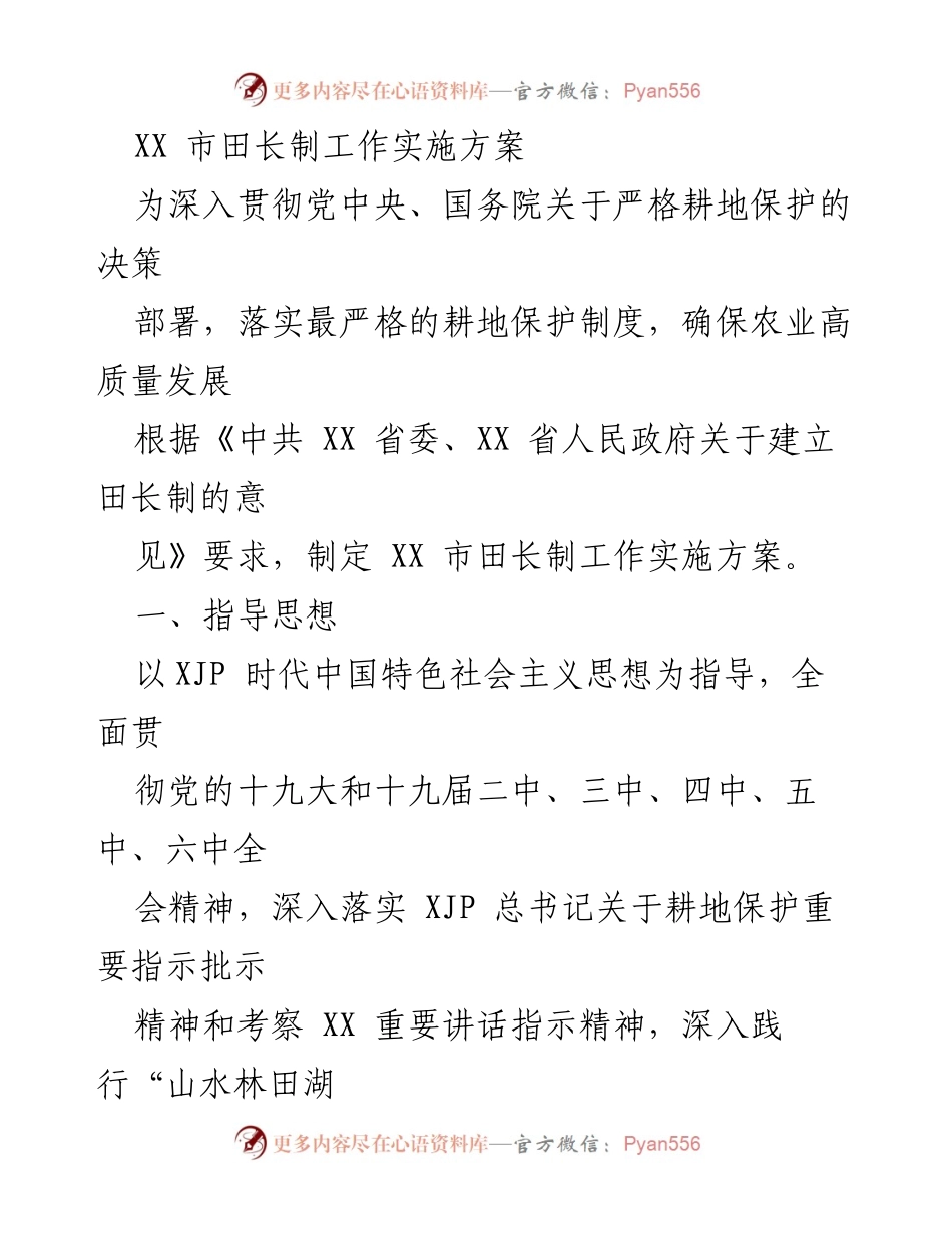 [实施方案] 田长制工作 - XX市田长制工作实施方案.docx_第1页
