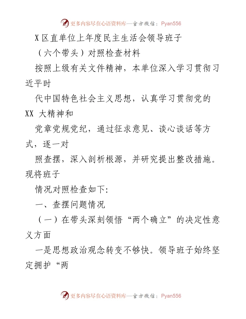 [对照检查材料] X区直单位 - 领导班子民主生活会问题查摆与整改措施分析.docx_第1页