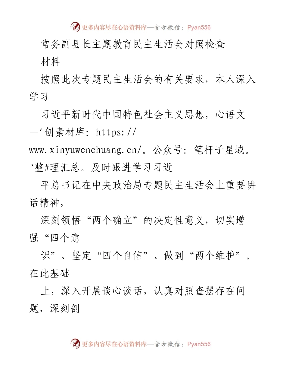 [对照检查材料] 民主生活会 - 常务副县长主题教育对照检查报告.docx_第1页