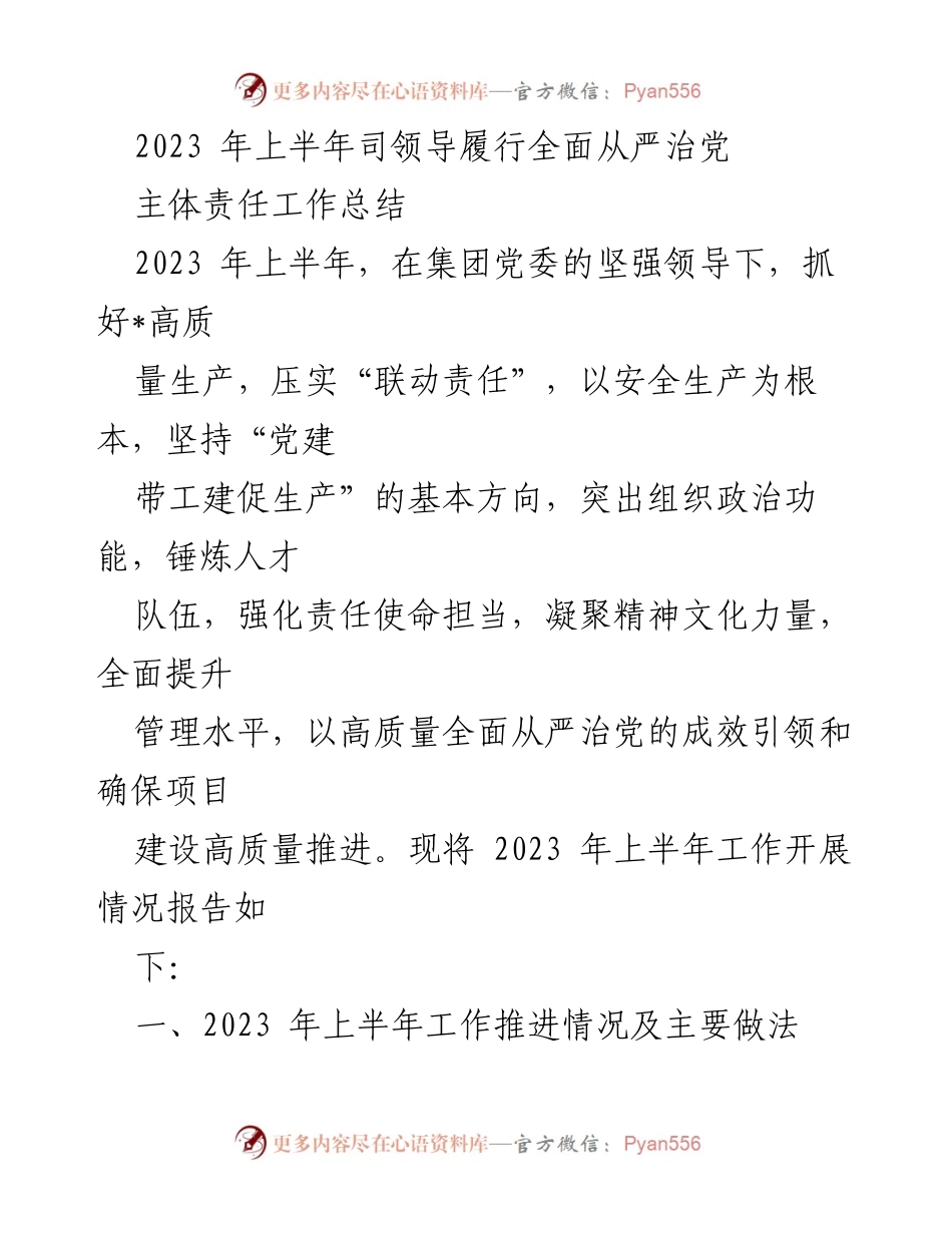 [工作总结] 2023年上半年 - 司领导全面从严治党主体责任工作总结.docx_第1页