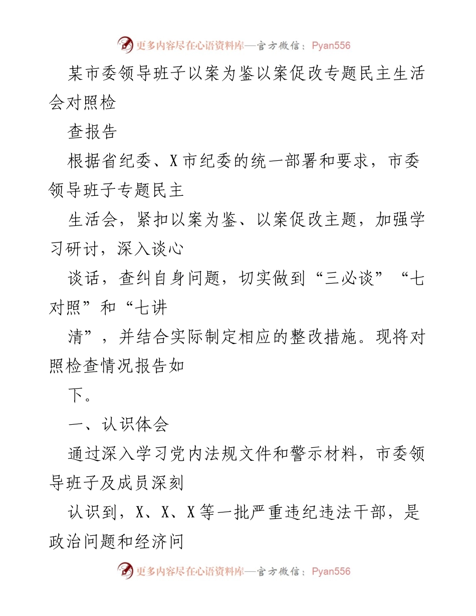 [对照检查报告] 专题民主生活会 - 市委领导班子以案促改的深刻反思与整改措施.docx_第1页