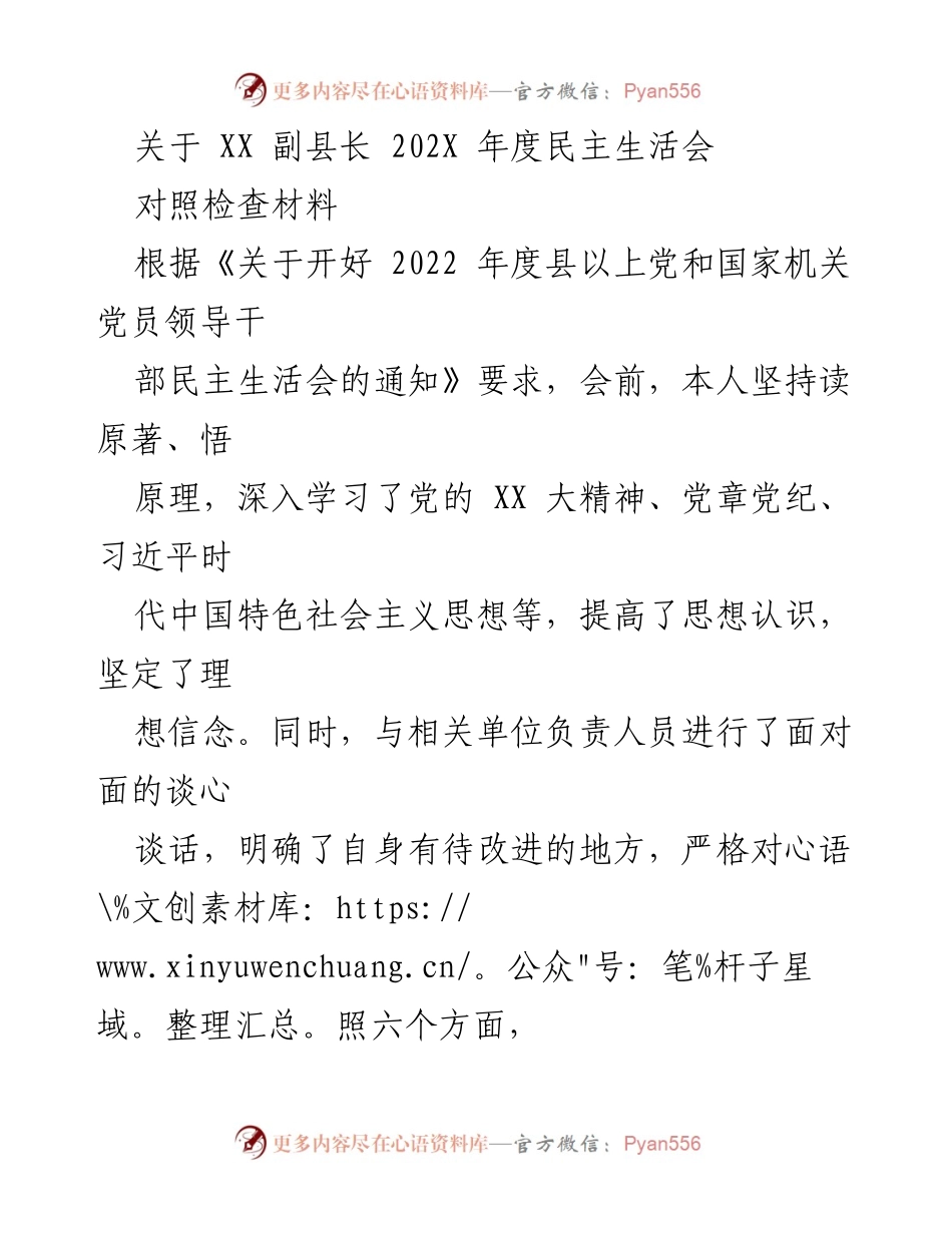 [对照检查材料] 年度民主生活会 - XX副县长202X年度民主生活会对照检查及自我批评总结.docx_第1页