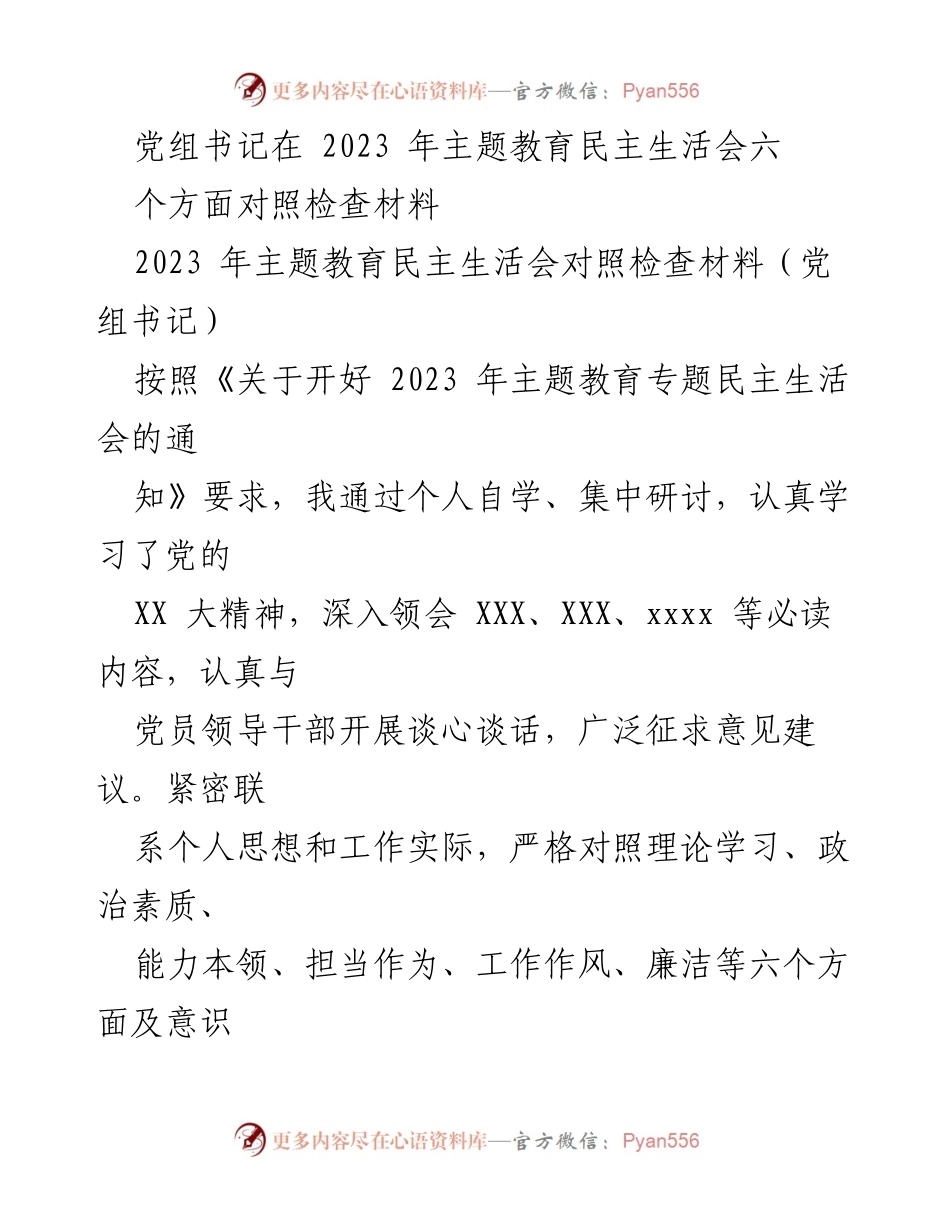 [对照检查材料] 主题教育民主生活会 - 党组书记对照检查自查报告.docx_第1页