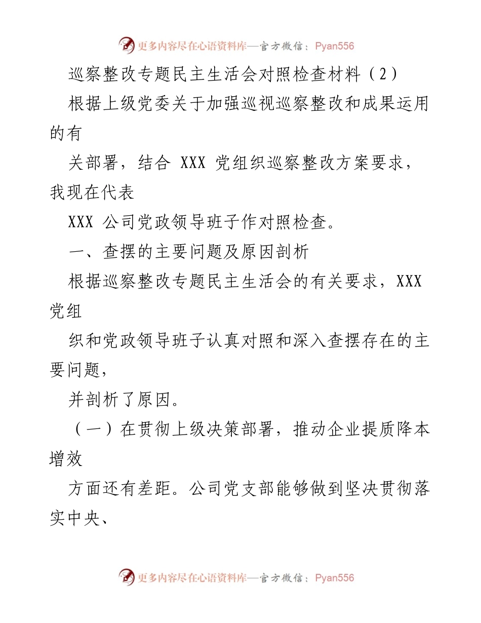 [对照检查材料] 巡察整改专题民主生活会 - 巡察整改中的问题与改进措施分析.docx_第1页