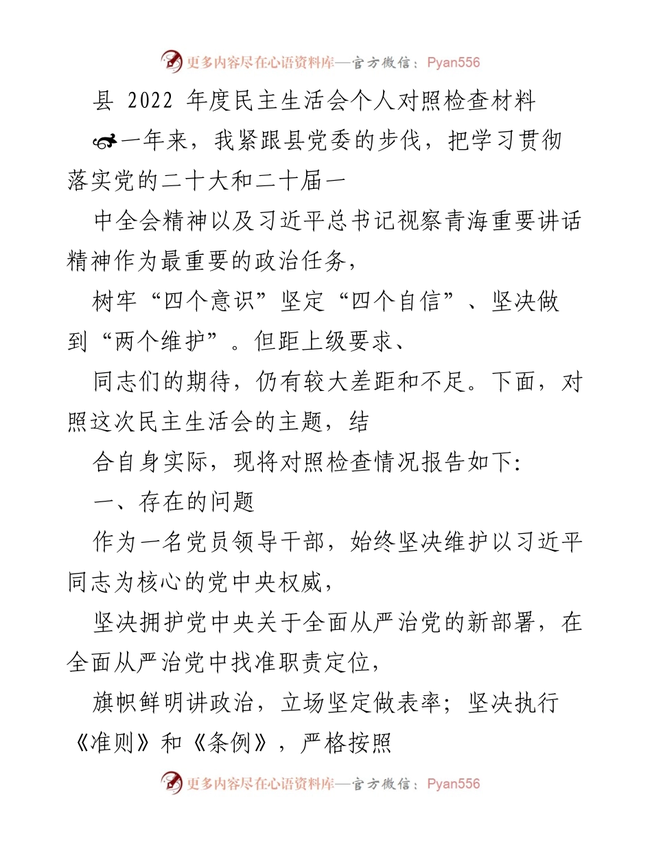 [对照检查材料] 民主生活会 - 自我反思与改进：2022年度民主生活会个人对照检查报告.docx_第1页