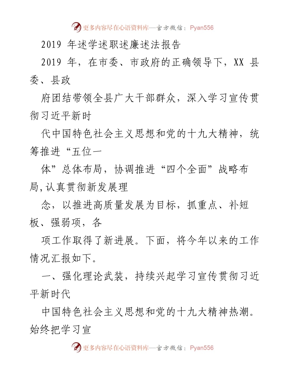[工作总结] 2019年度述职 - 2019年XX县工作总结报告.docx_第1页