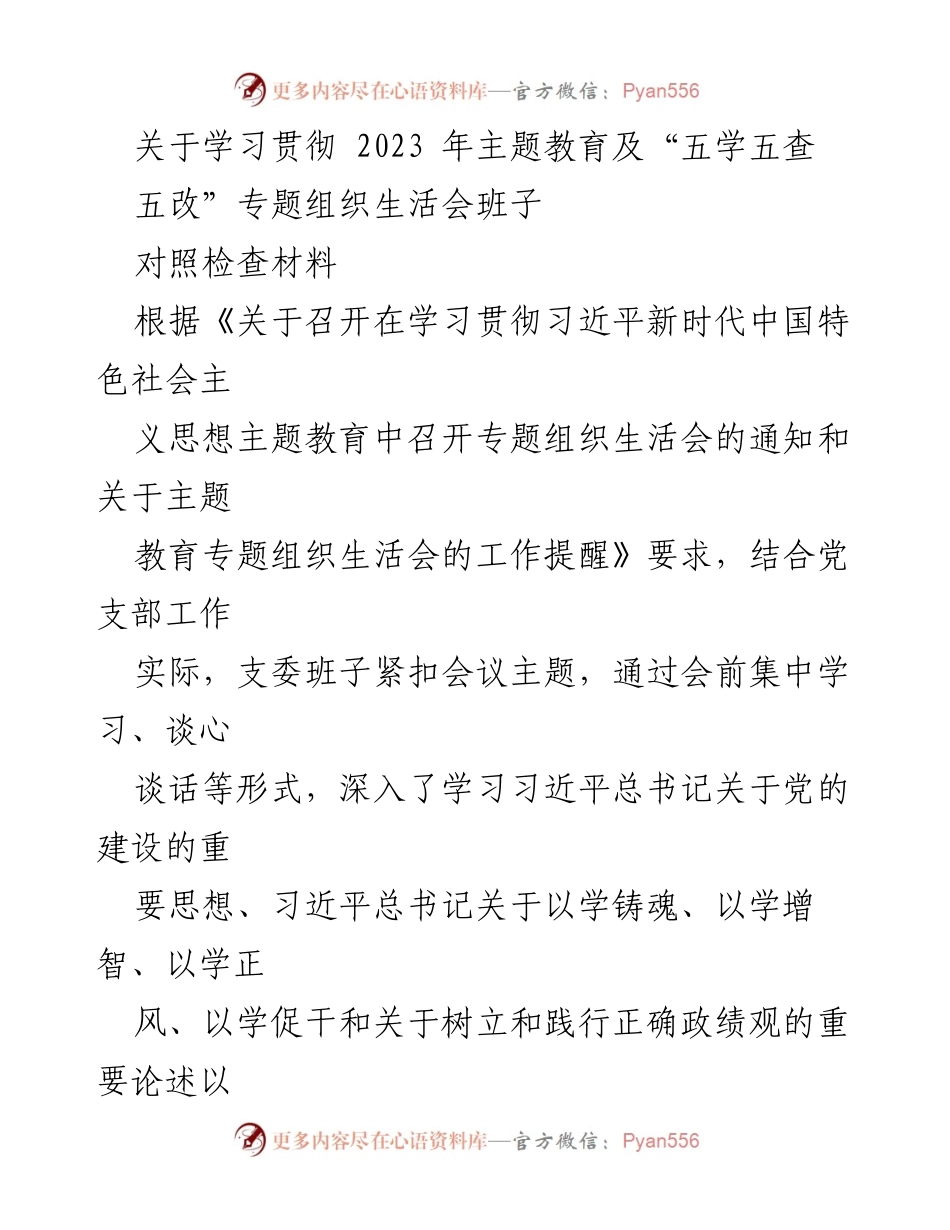 [对照检查材料] 党支部专题组织生活会 - 深入学习贯彻主题教育与对照检查的整改措施.docx_第1页