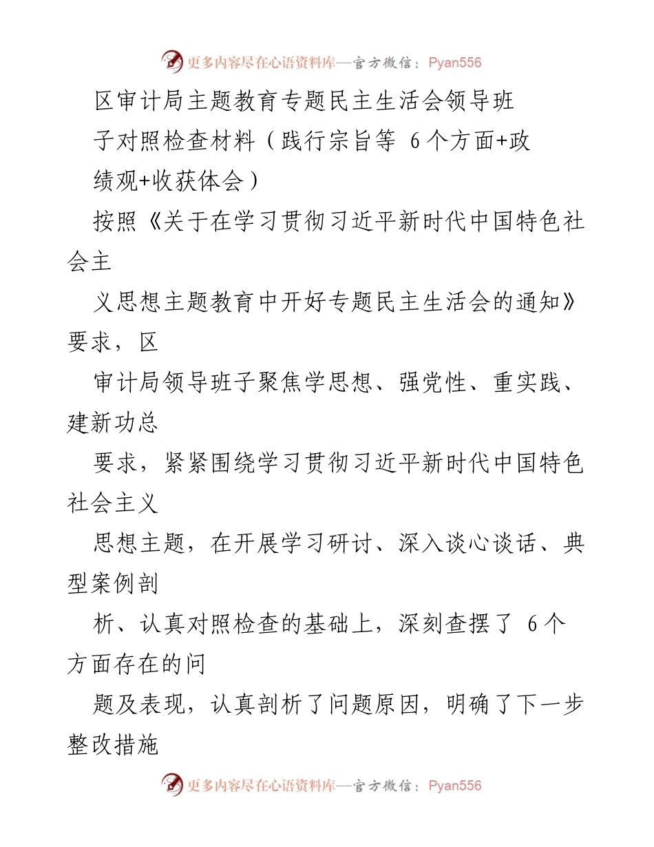 [对照检查材料] 主题教育专题民主生活会 - 区审计局领导班子对照检查与整改措施报告.docx_第1页