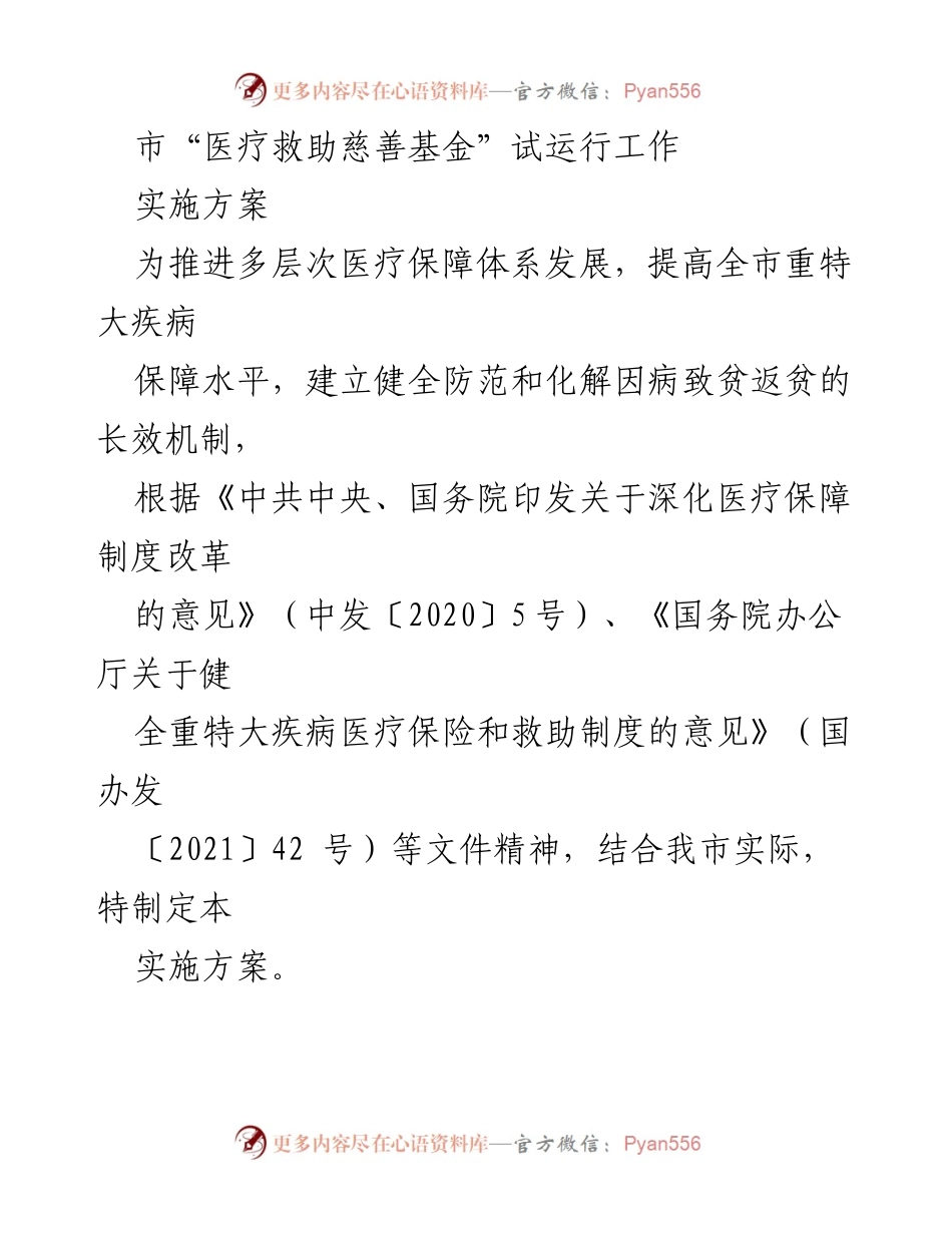 [实施方案] 市医疗救助慈善基金试运行 - 推动医疗保障，减轻重特大疾病负担.docx_第1页