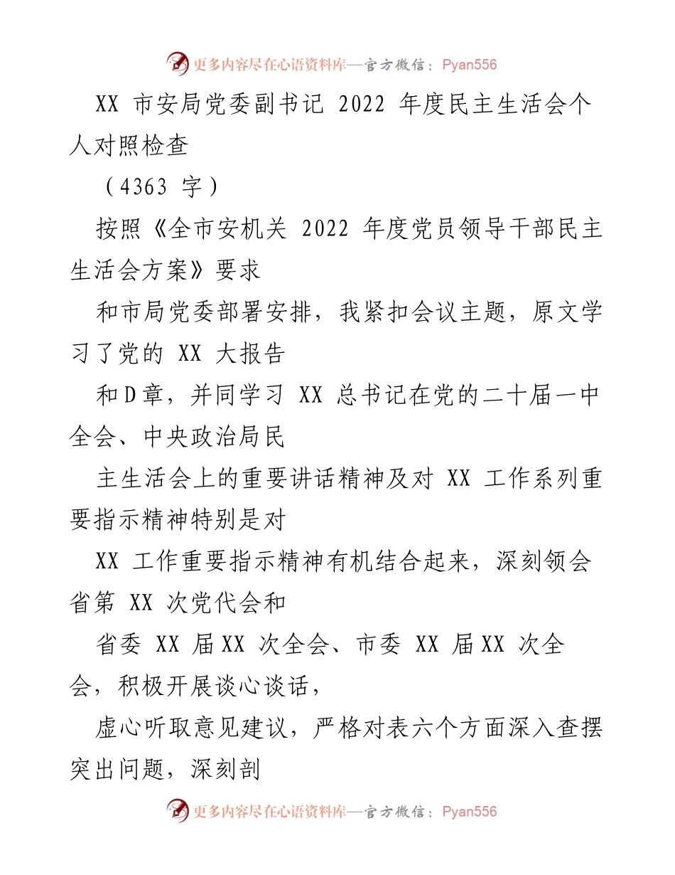 [对照检查] 2022年度民主生活会 - XX市安局党委副书记年度对照检查报告.docx_第1页