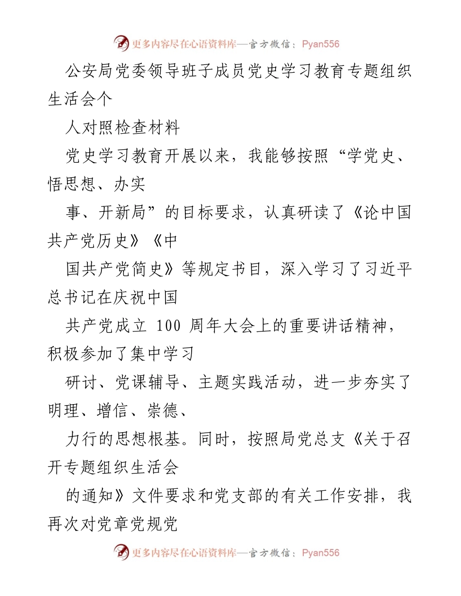 [对照检查材料] 公安局党委领导班子 - 党史学习教育专题组织生活会个人对照检查总结.docx_第1页