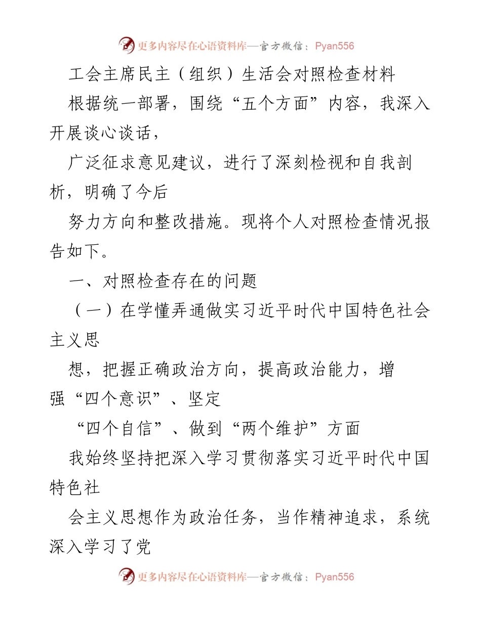[对照检查材料] 工会主席民主生活会 - 深入检视与自我剖析的整改措施报告.docx_第1页