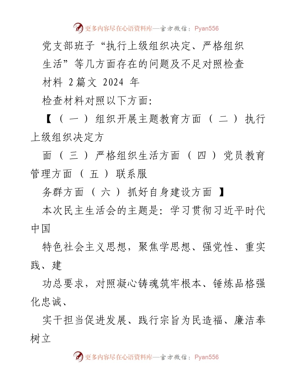 [对照检查材料] 党支部民主生活会 - 党支部班子对照检查存在问题及整改措施.docx_第1页