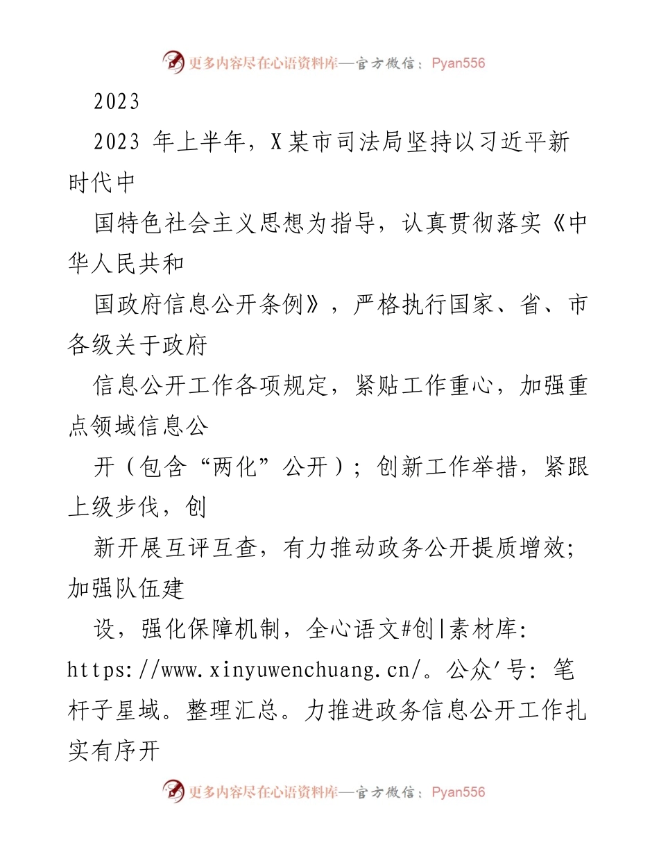 [工作总结] 2023年上半年 - X某市司法局政务信息公开工作总结.docx_第1页