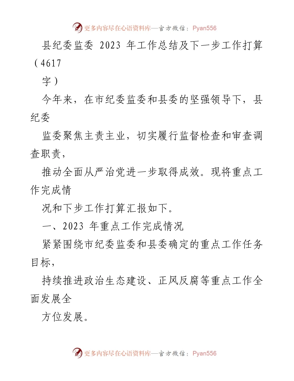 [工作总结] 2023年县纪委监委工作总结及下一步工作打算 - 加强监督执纪，推动全面从严治党成效显著.docx_第1页